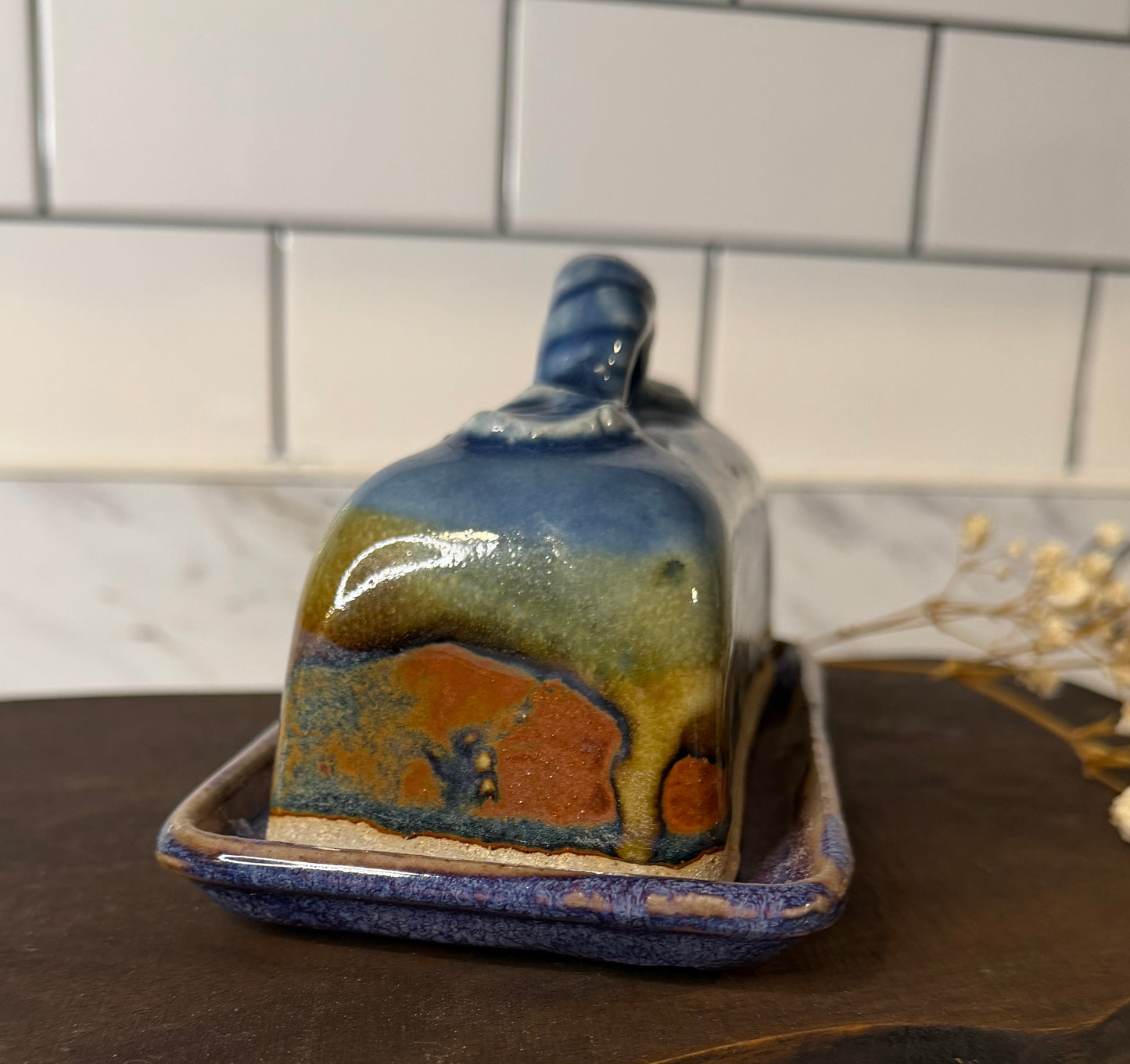 Handmade Ceramic Covered Butter Dish – Mountain/Taos Style Scenic Glaze