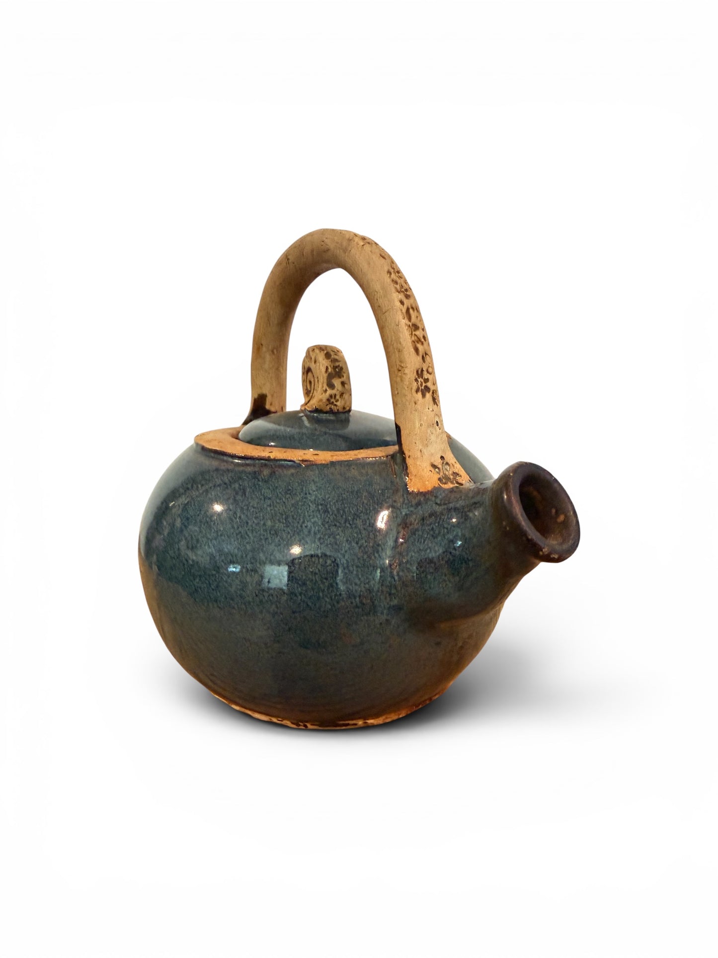 Hand-Thrown Studio Pottery Teapot – Blue/Teal Reactive Glaze with Overhead Clay Handle & Spiral Finial