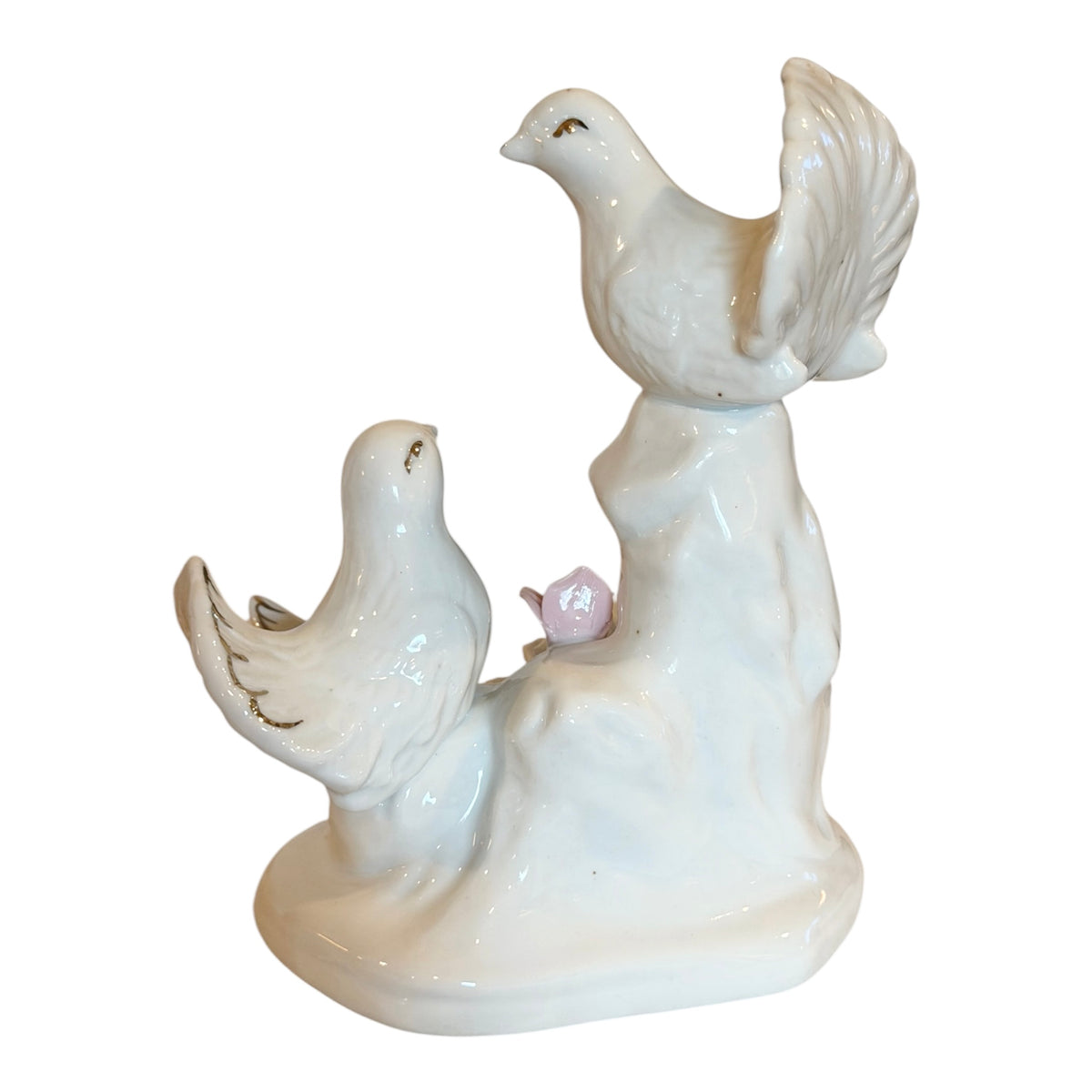 Porcelain Vintage Dove Family Figurine with Applied Flowers & Gold Accents