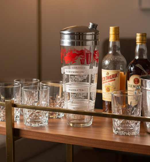 Mid-Century Modern Recipe Cocktail Shaker – Hazel-Atlas Style Barware | Retro Glass Mixer