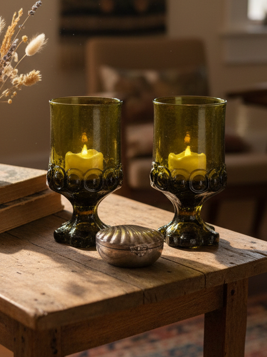 Vintage Tiffin Franciscan Madeira Olive Green Footed Glasses Set of 2 | Includes Tealights | Mid Century