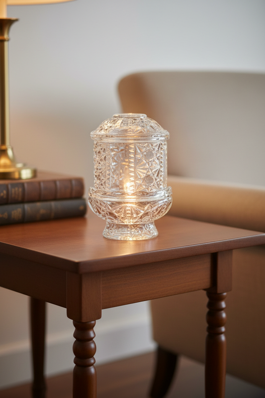 Vintage Indiana Glass “Stars and Bars” Fairy Lamp | Clear Pressed Glass – 2 Piece – 1960s