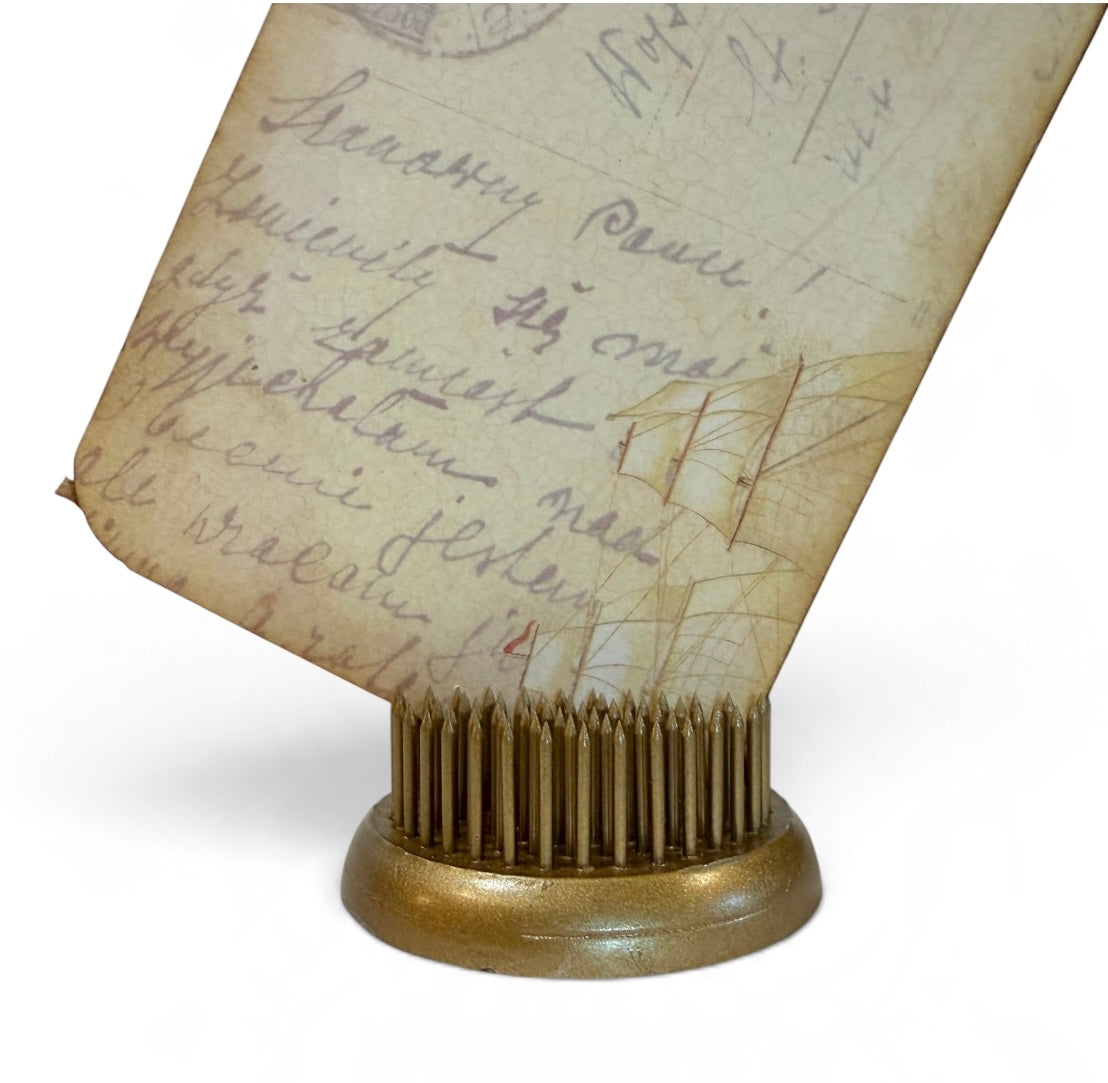 Gold-Tone Flower Frog with Vintage-Style Ephemera Display – 2”