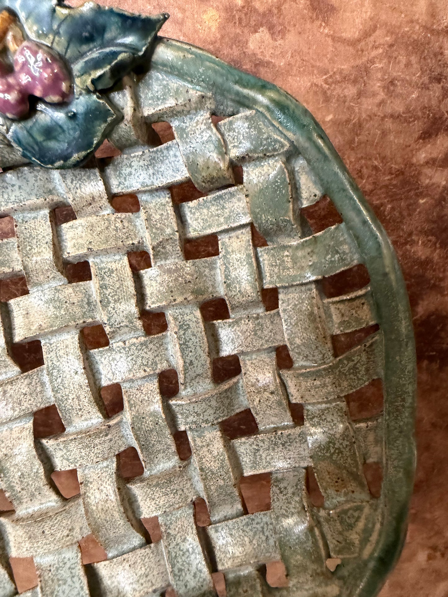 Handmade Rustic Woven Pottery Basket Bowl – Grape & Vine Design