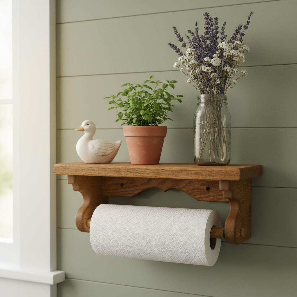 Handmade Oak Vintage Wall-Mounted Paper Towel Holder with Shelf – Scalloped Wood Design