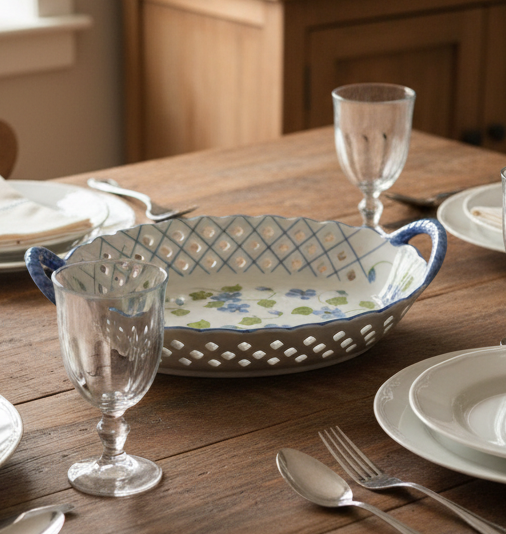 Vintage Reticulated Floral Serving Bowl – Blue & Green Hand-Painted Design | Cottagecore