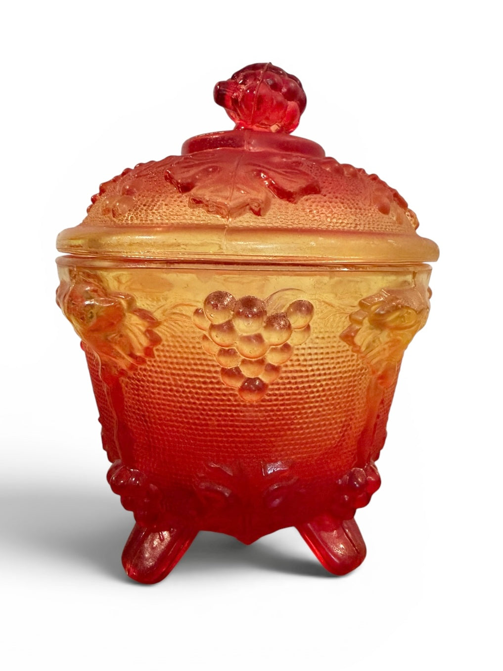 Jeannette Glass Amberina Grape & Vine Vintage Covered Candy Dish | Footed Glass Compote