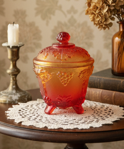 Jeannette Glass Amberina Grape & Vine Vintage Covered Candy Dish | Footed Glass Compote