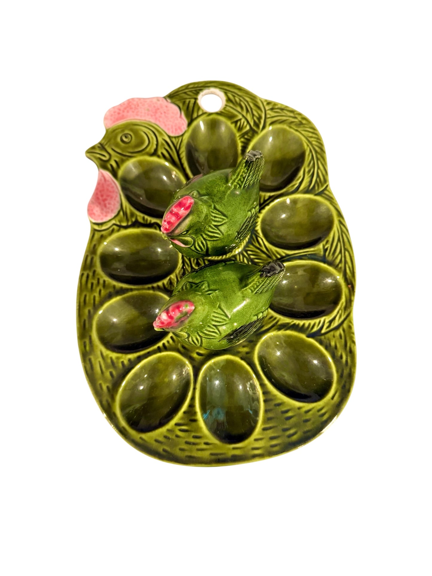 Hen Deviled Egg Plate with Salt & Pepper Shakers – Price Import Vintage Japan - Green Ceramic Farmhouse Serving Dish