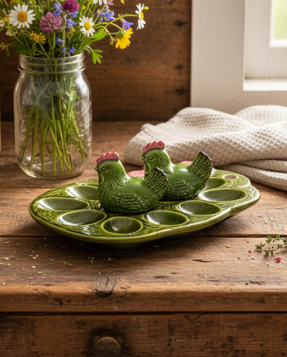 Hen Deviled Egg Plate with Salt & Pepper Shakers – Price Import Vintage Japan - Green Ceramic Farmhouse Serving Dish