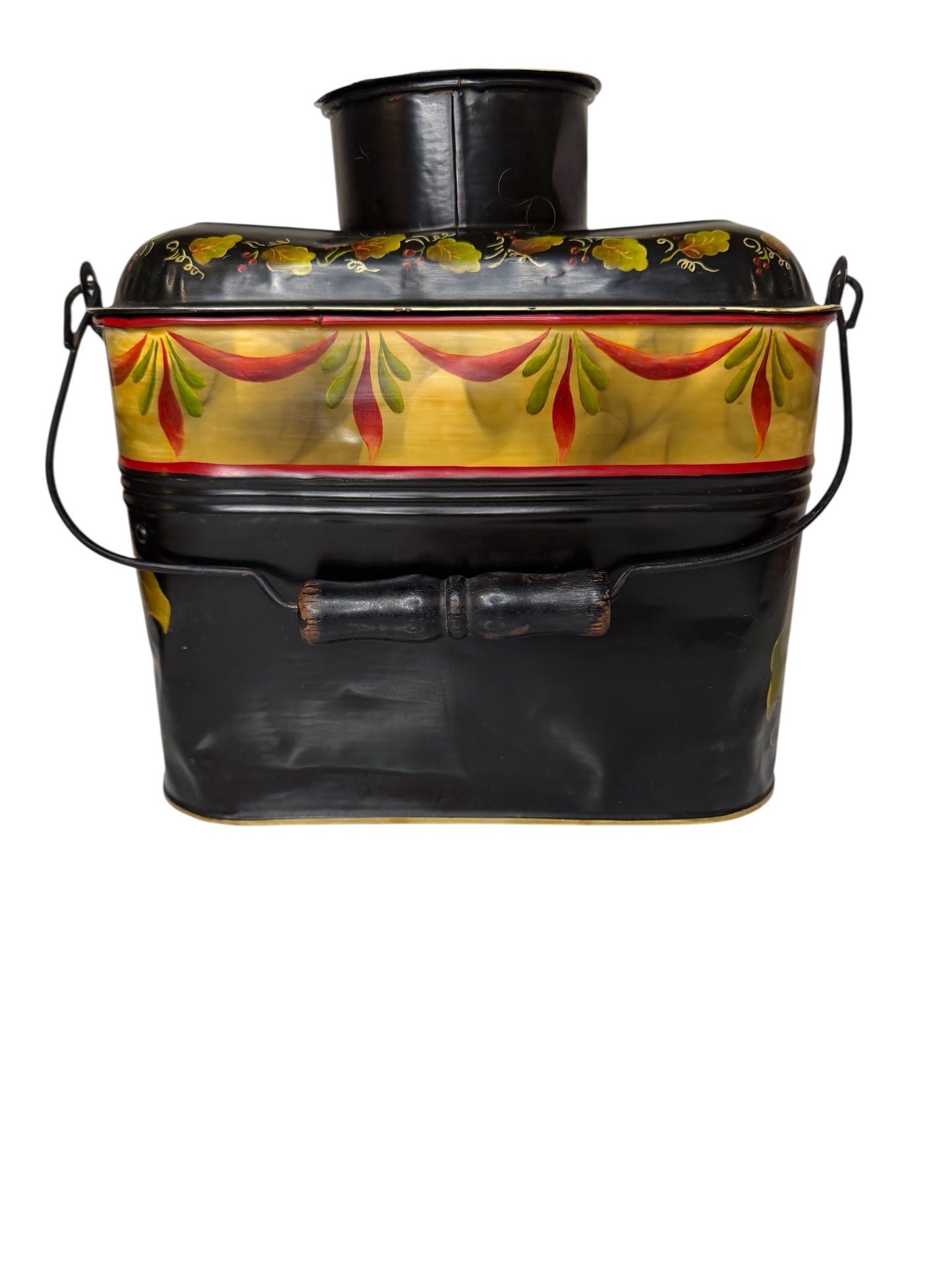 Tole-Painted Antique Metal Lunch Pail – Hand-Painted Floral Folk Art – Vintage Metal Lunch Box