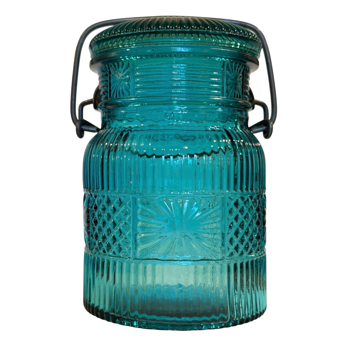 Avon Teal Glass Mason Jar Canister – Vintage 1970s Bail Lid Jar