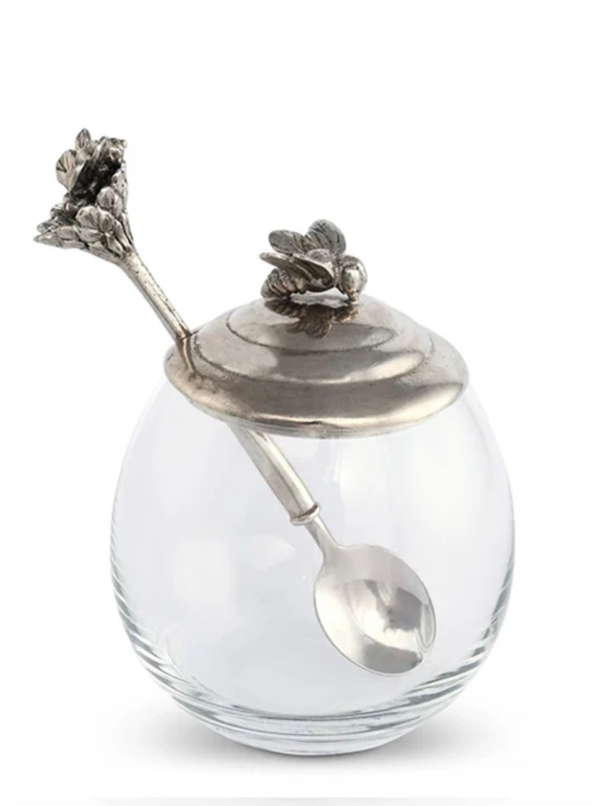 Vagabond House Garden Friends Bee Glass Honey Pot with Spoon – New in Box – Lead-Free Pewter & Glass Honey Jar