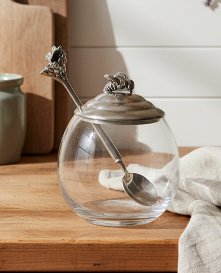 Vagabond House Garden Friends Bee Glass Honey Pot with Spoon – New in Box – Lead-Free Pewter & Glass Honey Jar