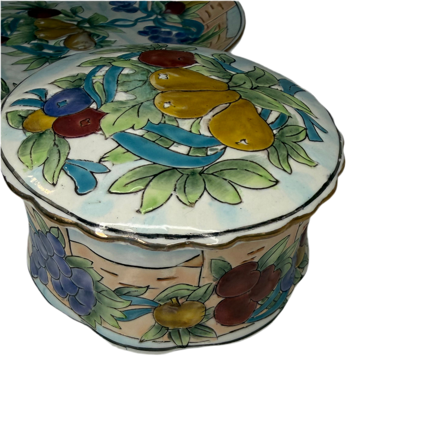 Toyo Collector Plate & Matching Trinket Box – Fruit & Ribbon Design