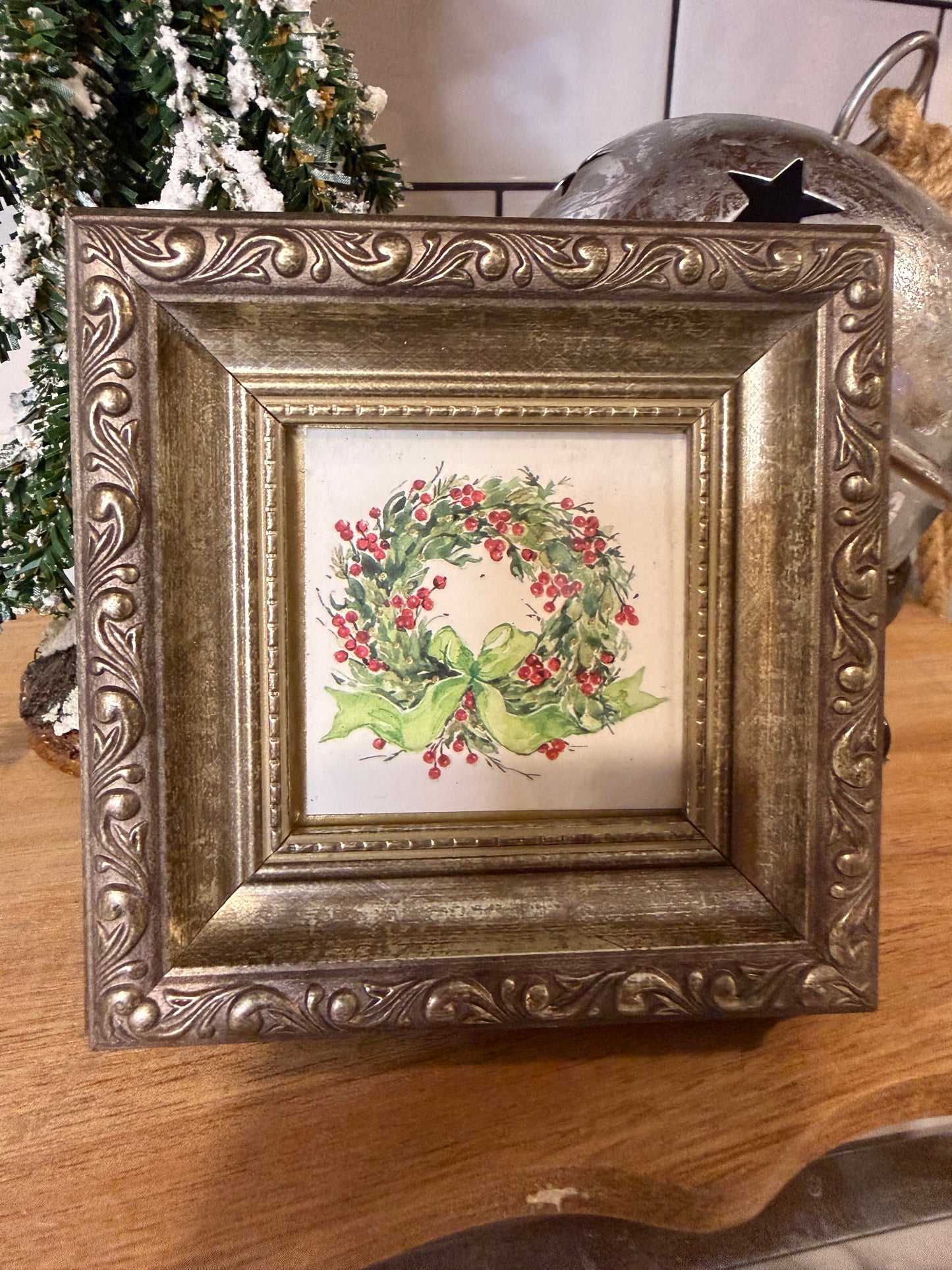 Vintage Style Ornate Silver Frame – 5x5” with Holly Berry Wreath Print