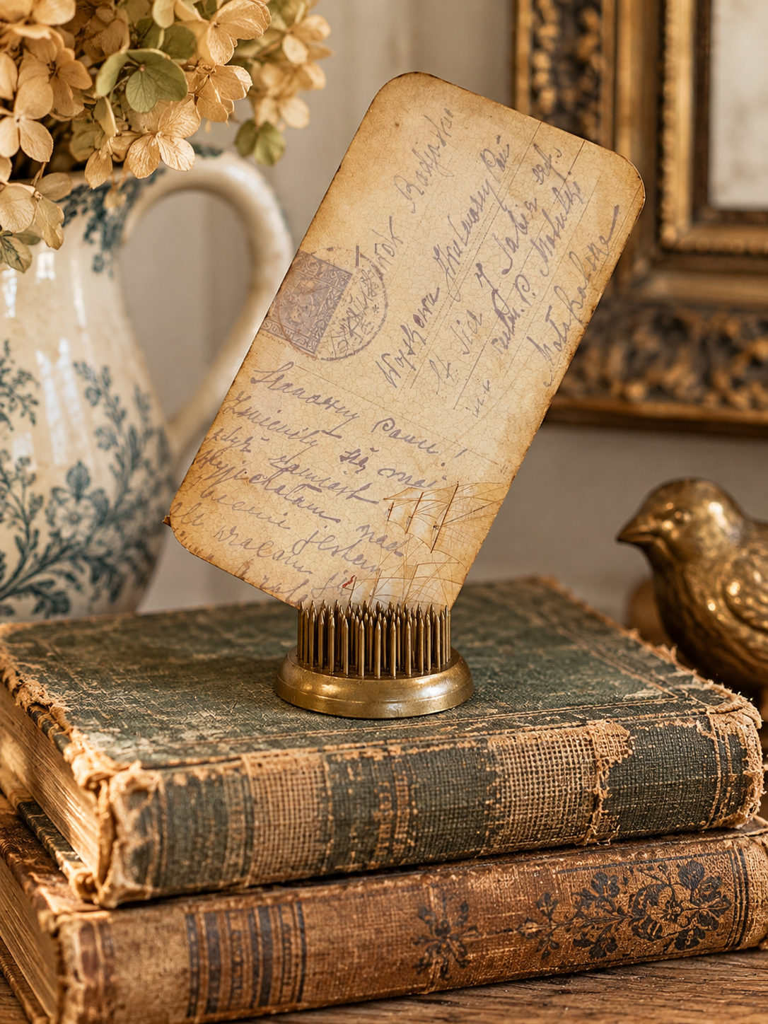Gold-Tone Flower Frog with Vintage-Style Ephemera Display – 2”