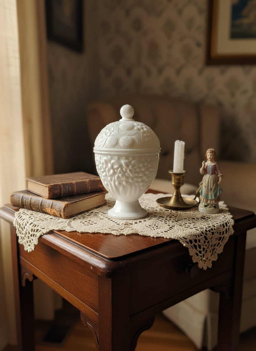 Vintage Avon Milk Glass Lidded Pedestal Candy Dish