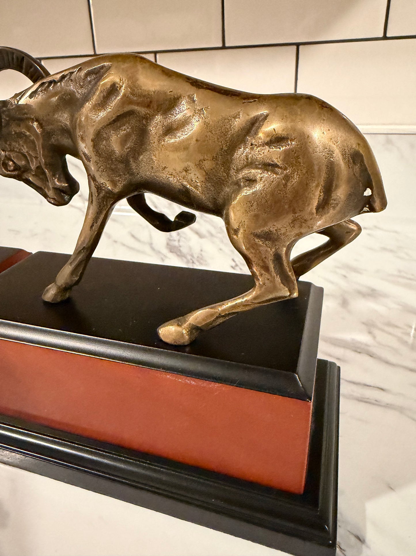 Pair of Vintage Brass Ram Bookends — Wood Base —
Mid Century