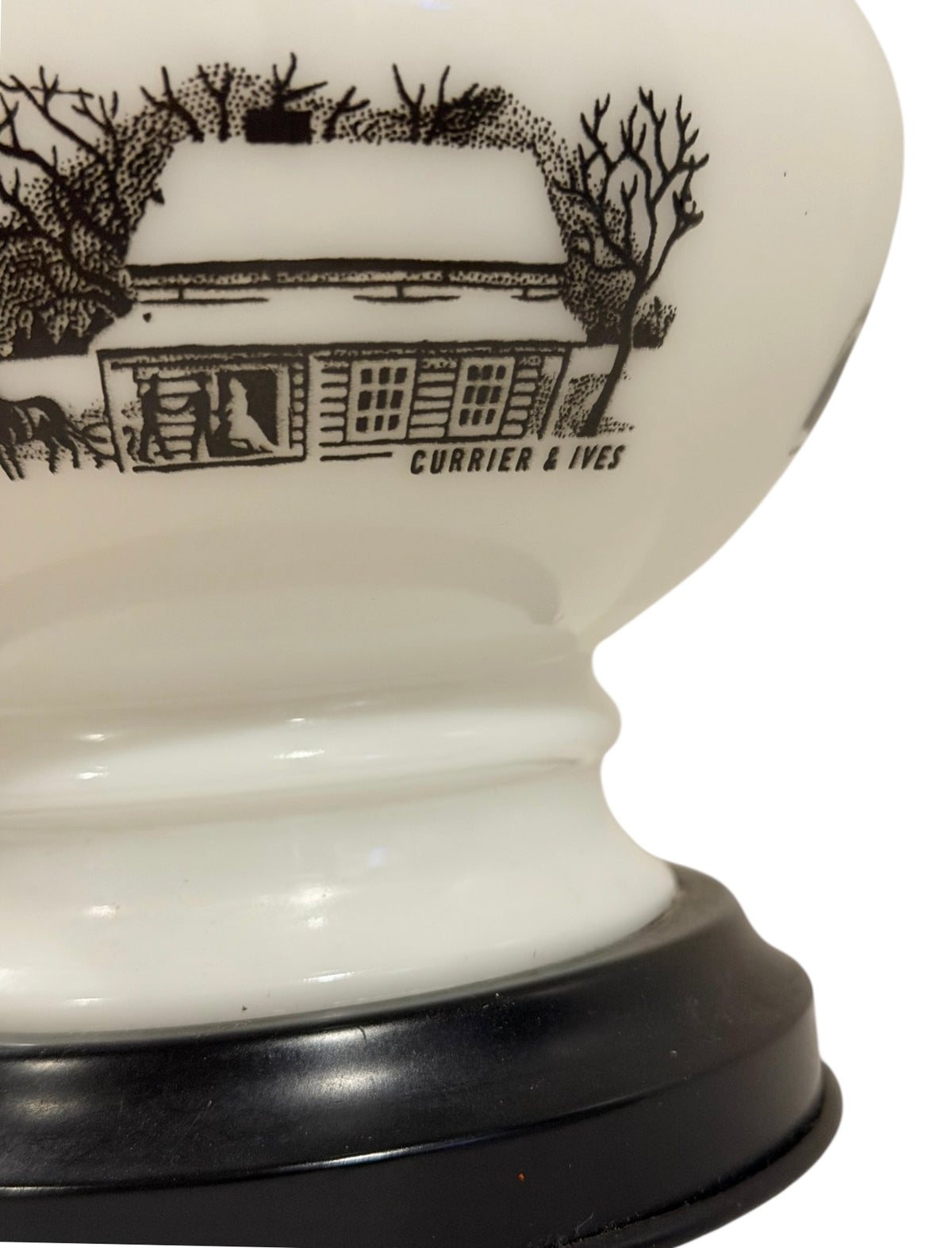 Currier & Ives Vintage Milk Glass Electric Lamp – Black & White Homestead Scene – 17”