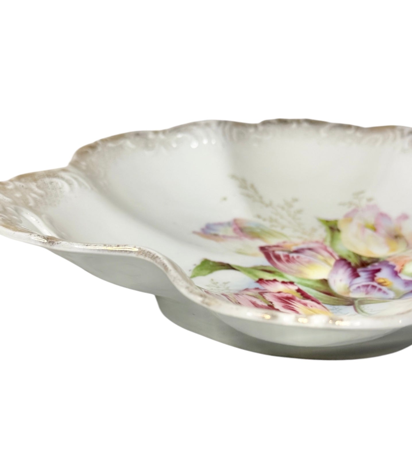 Antique German Porcelain Clover Bowl – Hand-Painted Floral | Late Victorian / Edwardian Era