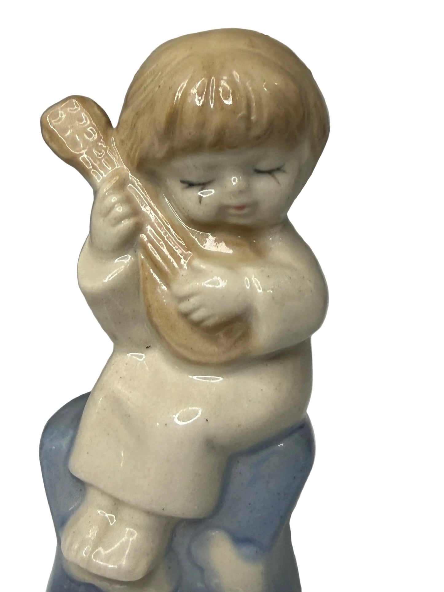 Vintage Porcelain Figurine – Child Playing Stringed Instrument Sitting on a Star(Mandolin/Guitar)