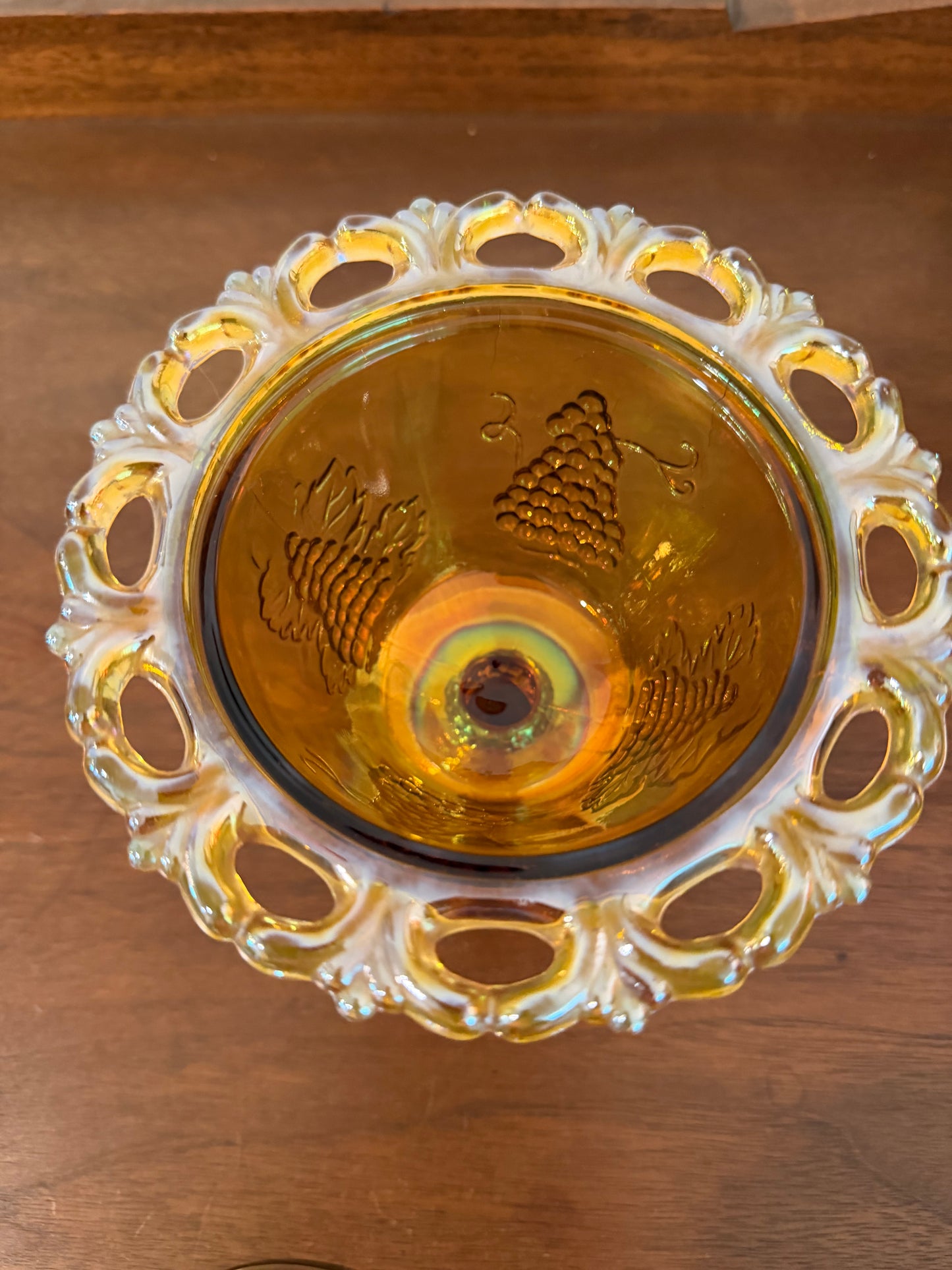 Indiana Glass Vintage Harvest Grape Carnival Glass Candy Dish with Lid – Marigold Iridescent Pedestal Bowl