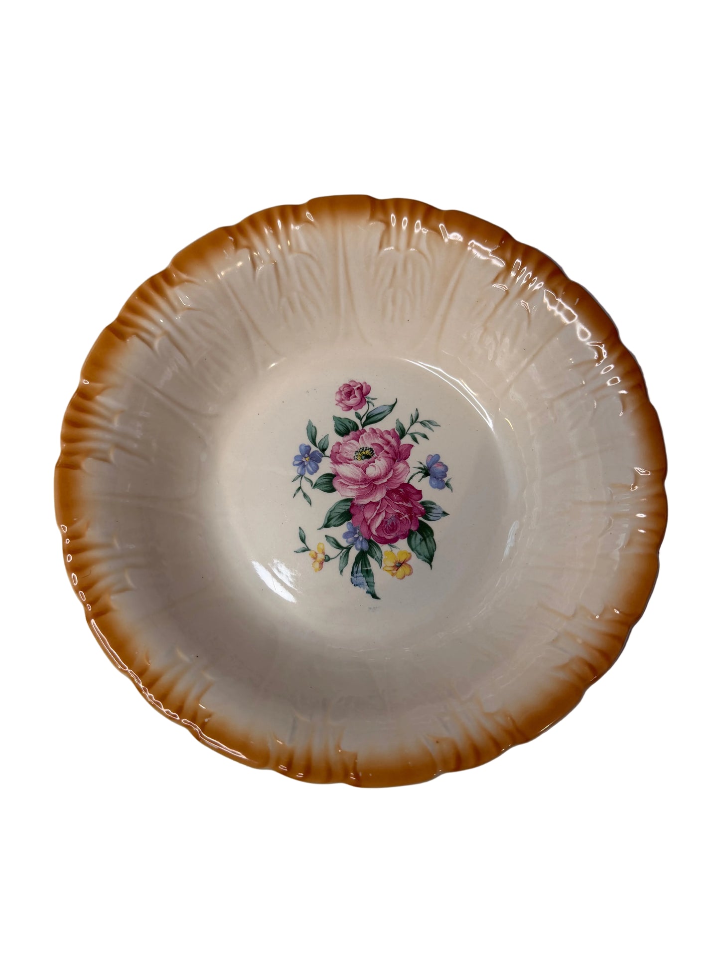 Vintage Homer Laughlin Serving Bowl – Floral with Orange/Gold Rim (c. 1950s)
