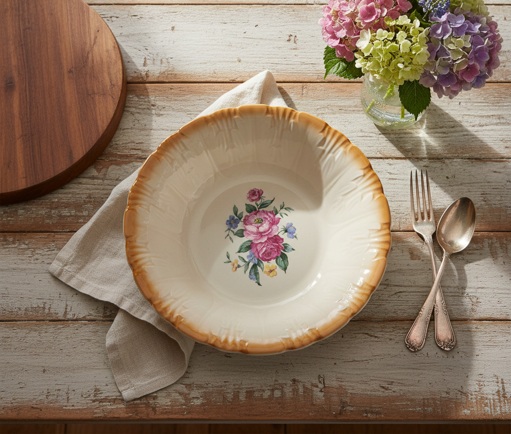 Vintage Homer Laughlin Serving Bowl – Floral with Orange/Gold Rim (c. 1950s)