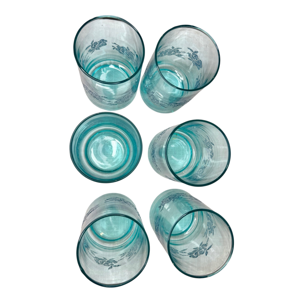Set of 6 Vintage Aqua Blue Glass Tumblers with Raised Blue Rose Garland