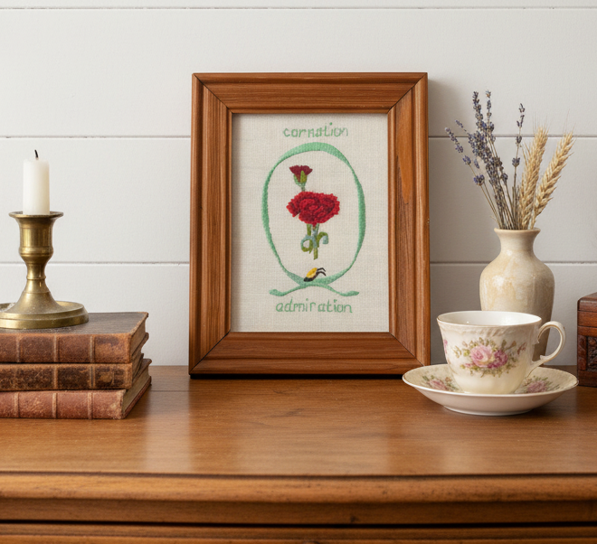 Framed Vintage Paragon Needle Craft “Carnation” Embroidery – Julie Nixon Eisenhower Collection (1975)