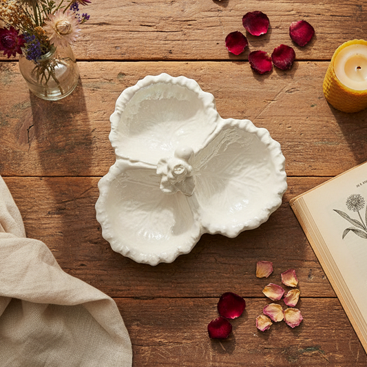 Vintage White Ceramic Cabbage Leaf Divided Serving Dish | 3-Section Relish Tray | Japan