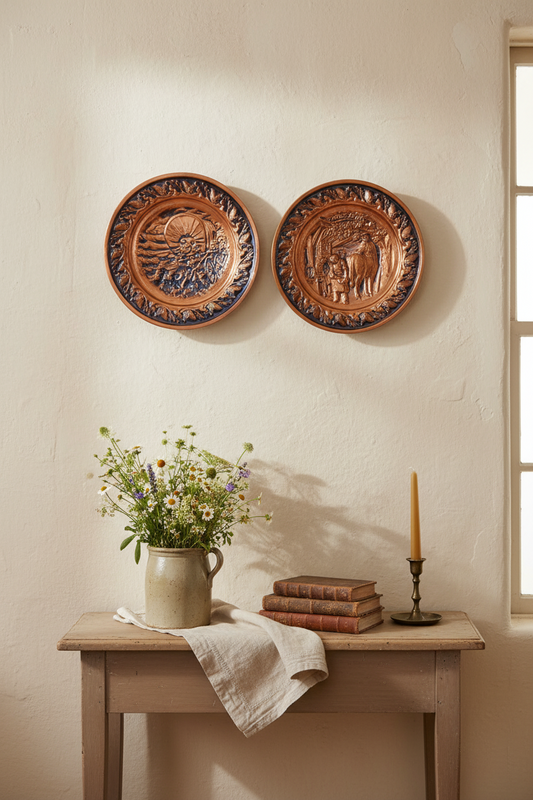 Coppercraft Guild Vintage Embossed Copper Wall Plates – Set of 2 | Frontier & Blacksmith Scenes | 13” Rustic Wall Decor