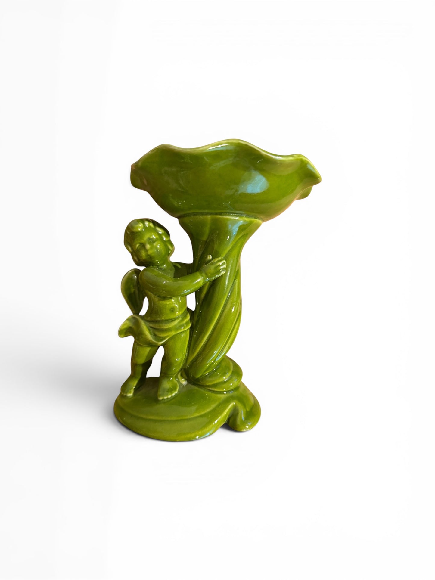 Vintage Mid-Century Atlantic Mold Green Cherub Compote Dish