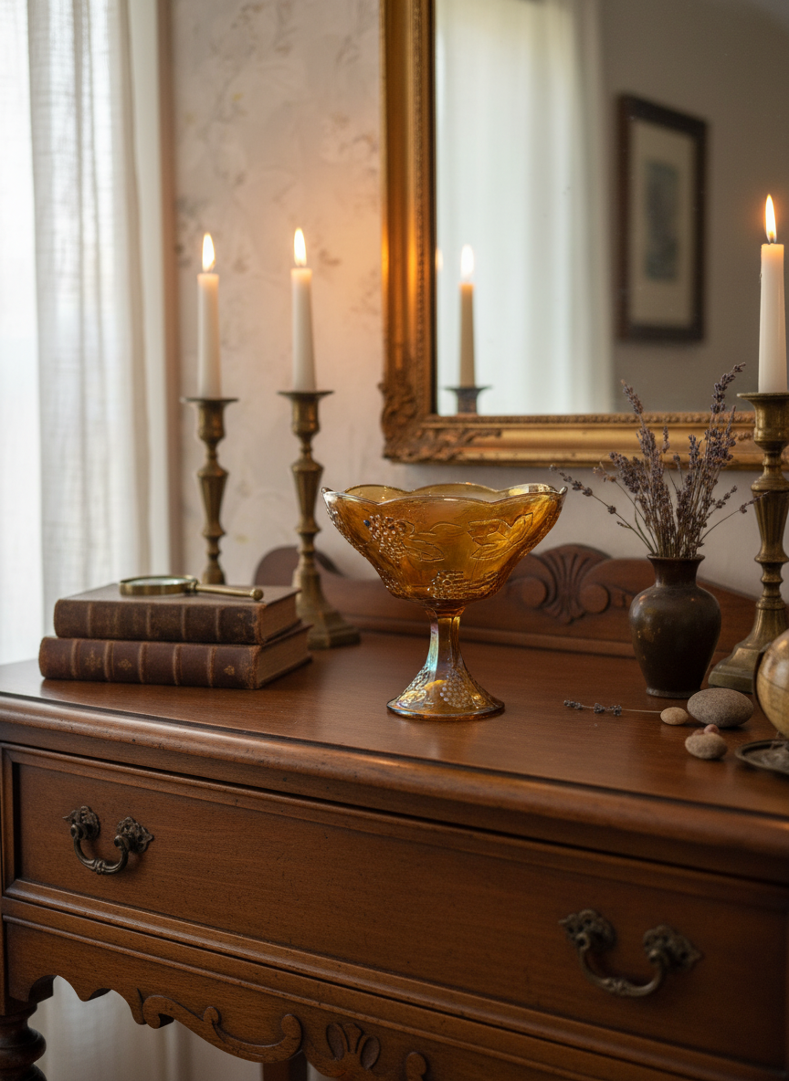Vintage Indiana Glass Harvest Grape Amber Marigold Carnival Glass Pedestal Bowl