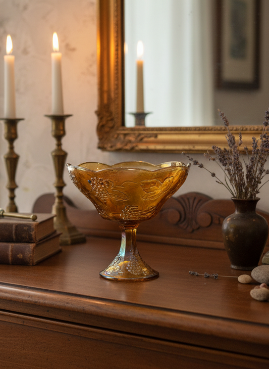 Vintage Indiana Glass Harvest Grape Amber Marigold Carnival Glass Pedestal Bowl