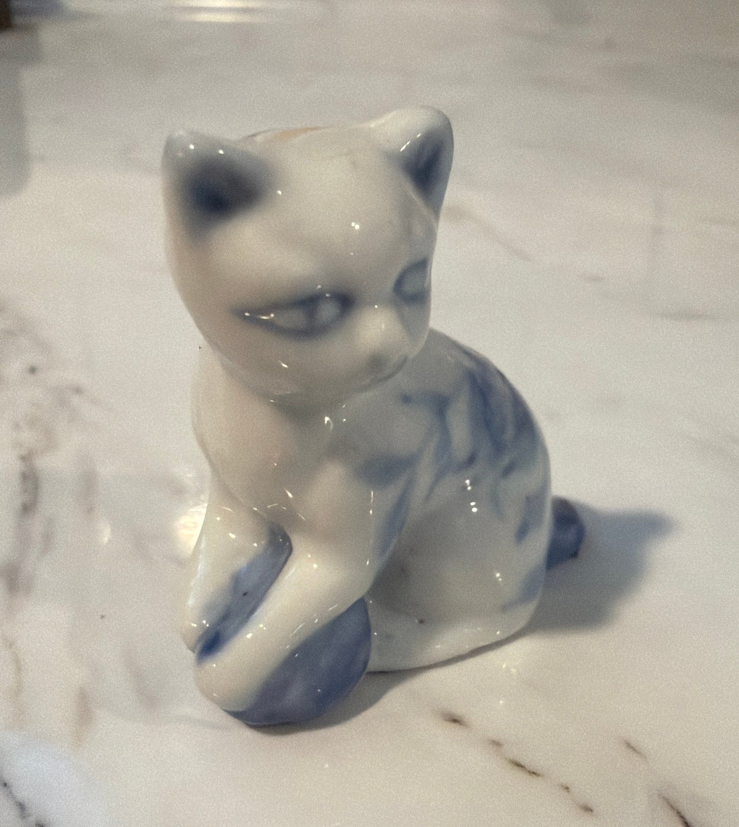 Miniature Vintage Delft Blue & White Porcelain Cat Figurine