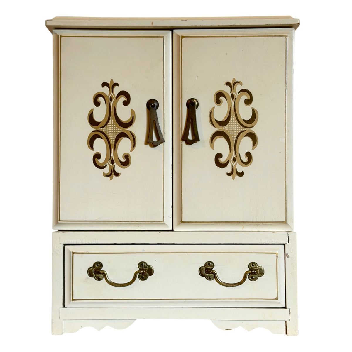 1970s French Provincial Jewelry Armoire Music Box – Cream & Gold