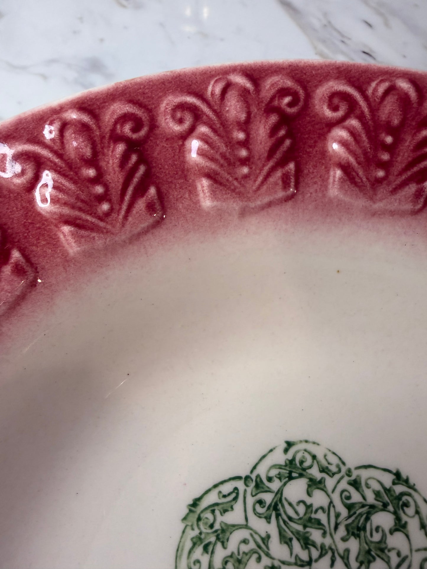 Vintage Ceramic Serving Bowl – Embossed Relief with Stenciled Design