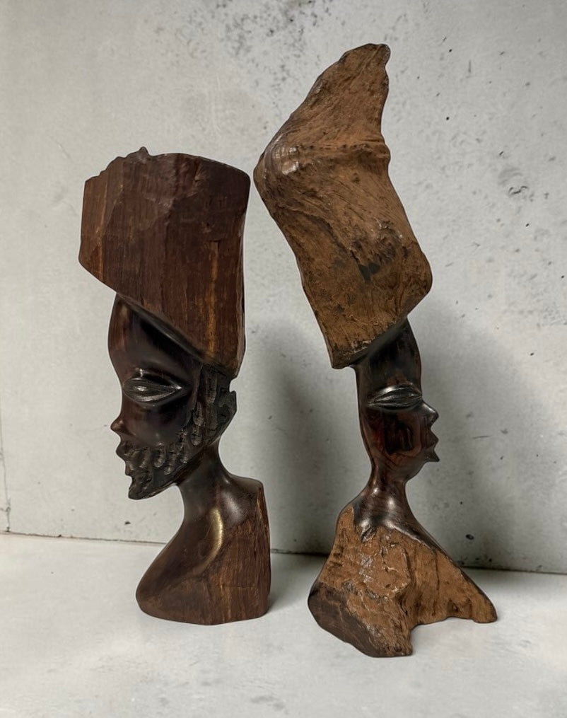 Hand-Carved Vintage African Tribal Bust Sculptures – Matching Male & Female Pair – Mid-Century Folk Art