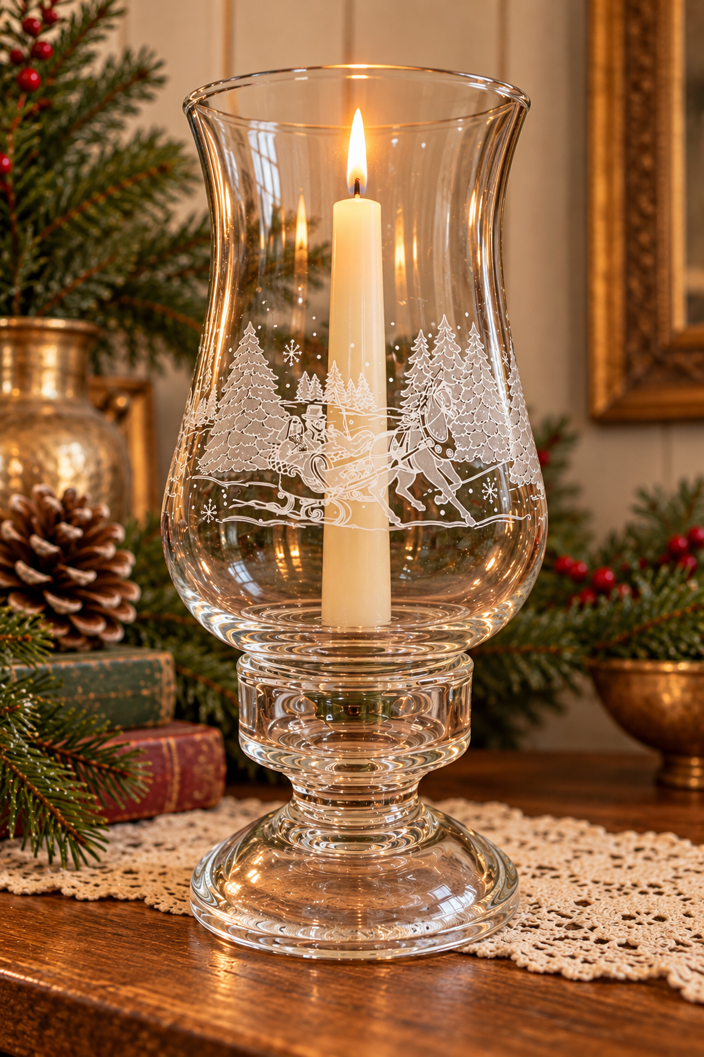 1996 Avon President’s Club Luminarc Glass Hurricane Candle Holder – Through the Woods