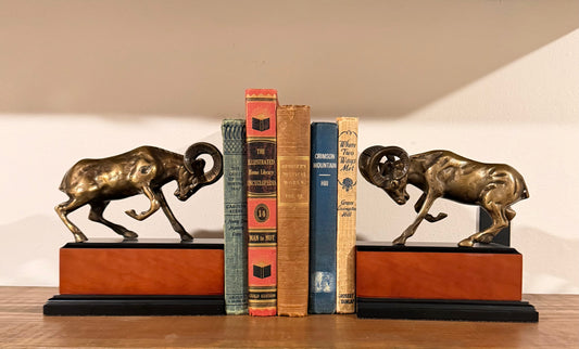 Pair of Vintage Brass Ram Bookends — Wood Base —
Mid Century
