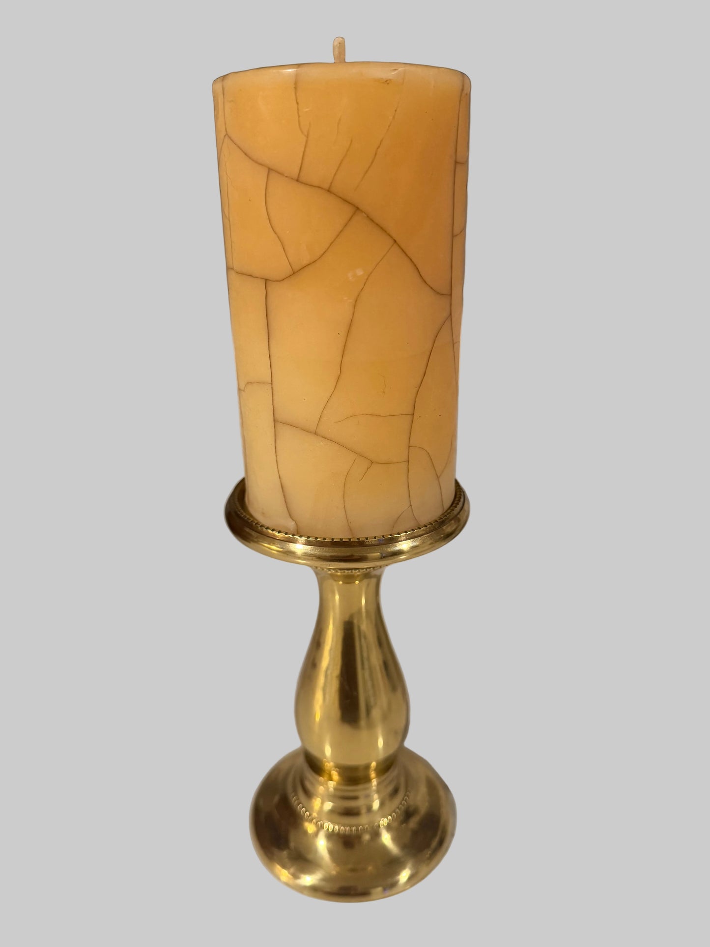 Frontgate Brass Pillar Candle Holder with Crackled Cream Candle