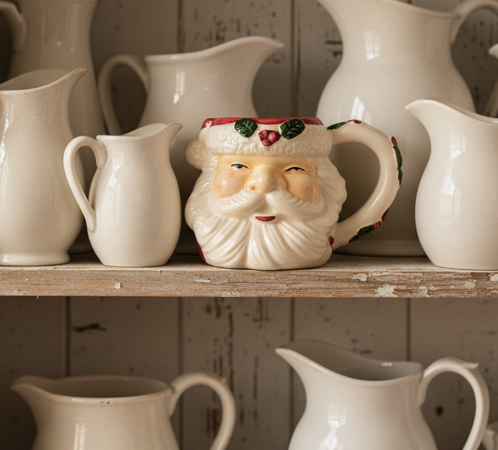 Vintage Slip-Cast Ceramic Santa Claus with Rosy Cheeks & Mistletoe