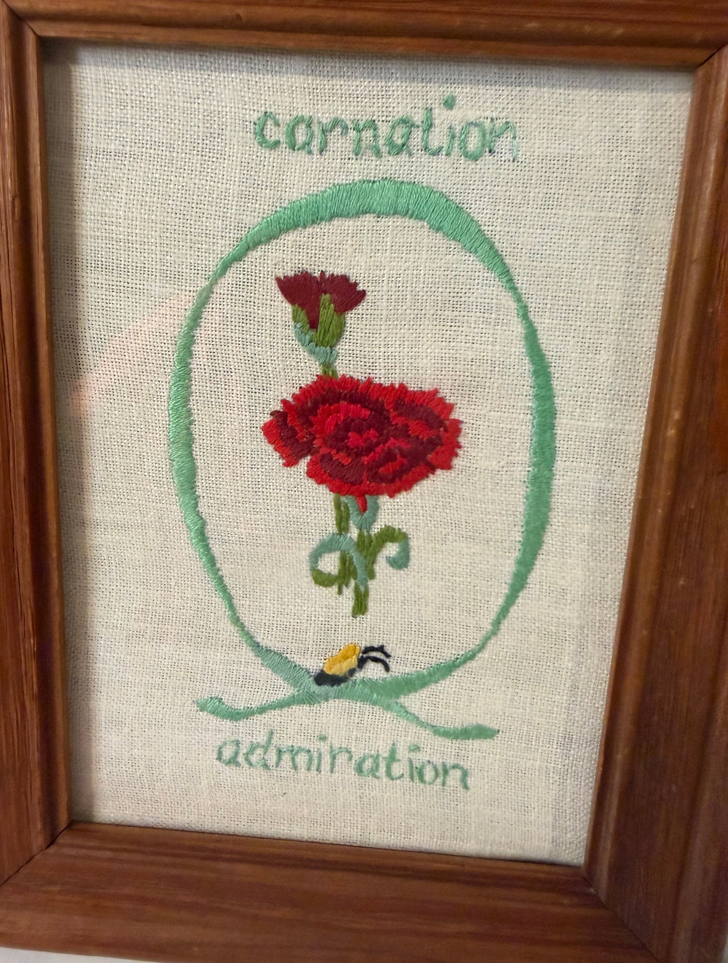 Framed Vintage Paragon Needle Craft “Carnation” Embroidery – Julie Nixon Eisenhower Collection (1975)