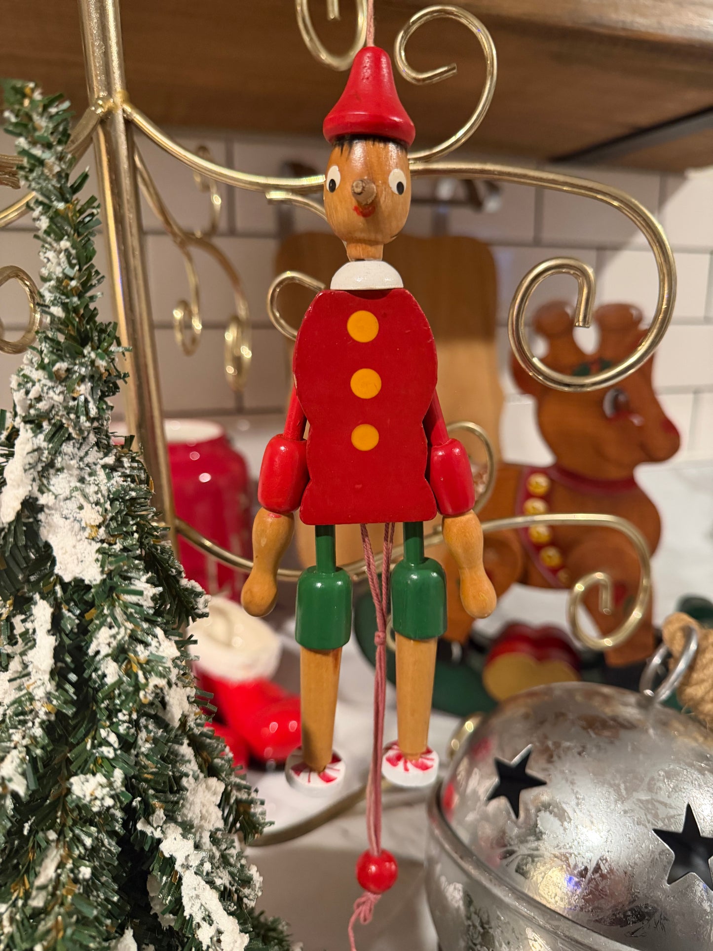 Vintage Wooden Pinocchio Pull-String Doll – 8”