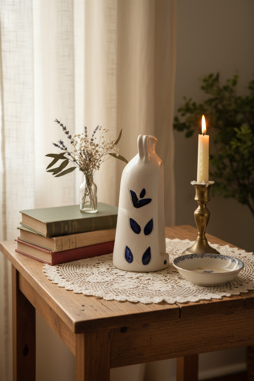 Williamsburg Pottery Salt Glaze Stoneware Colonial Jug Candle Holder | Cobalt Blue Hand-Painted Decor | Virginia Pottery