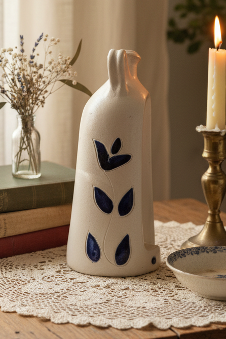 Williamsburg Pottery Salt Glaze Stoneware Colonial Jug Candle Holder | Cobalt Blue Hand-Painted Decor | Virginia Pottery