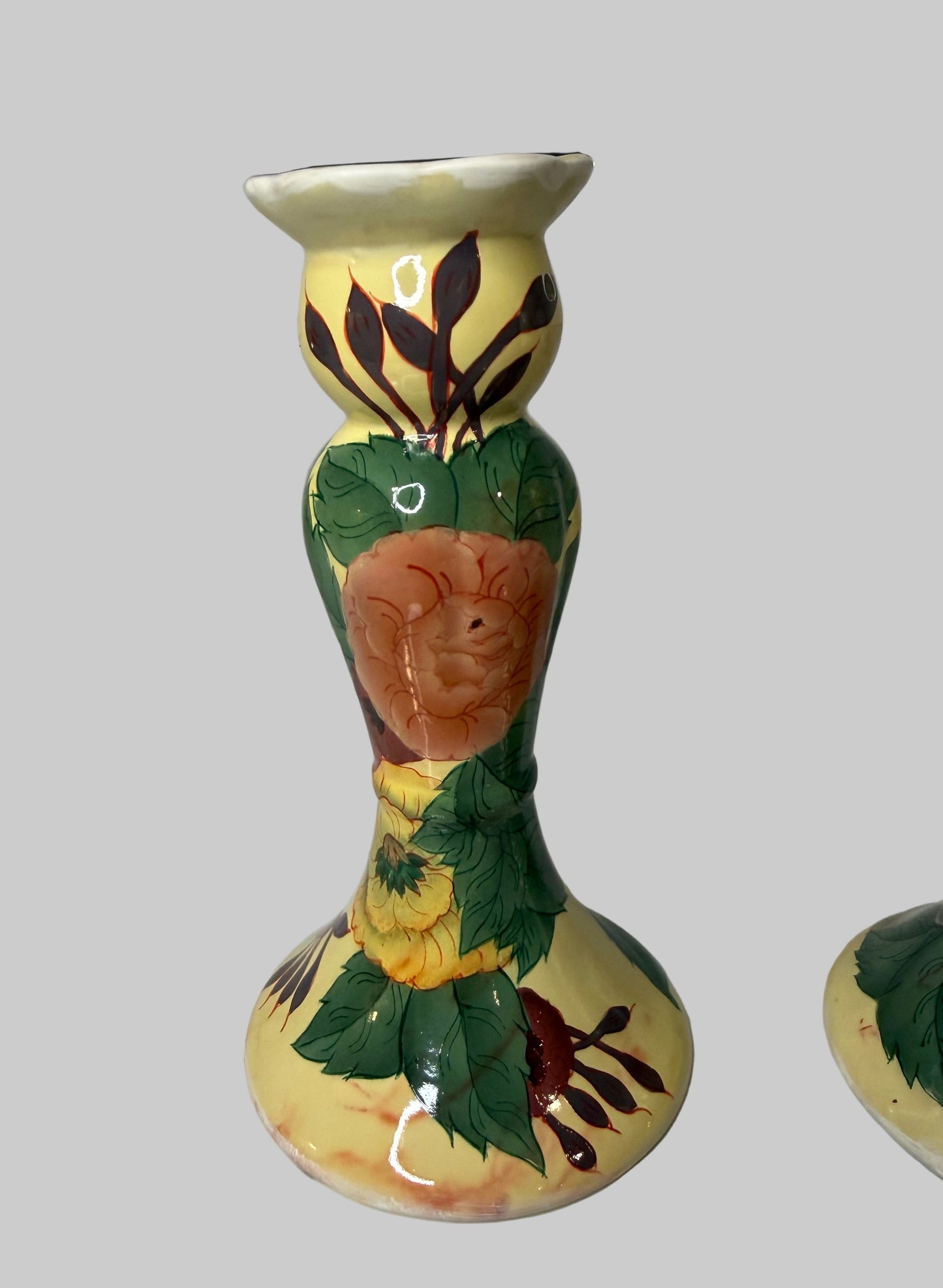 Vintage Hand-Painted Floral Ceramic Candle Holders — Set of 2