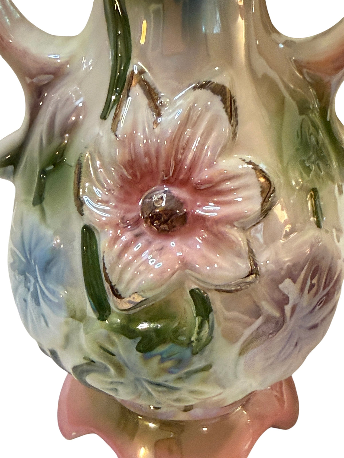 Vintage Brazilian Iridescent Lusterware Floral Pottery Set – Bud Vase & Planter